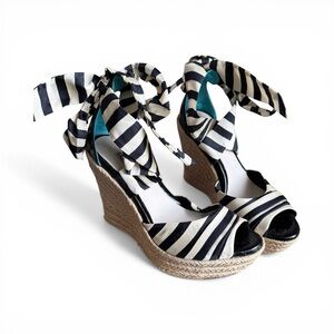 UGG Black & White Striped Espadrille Wedge Sandals